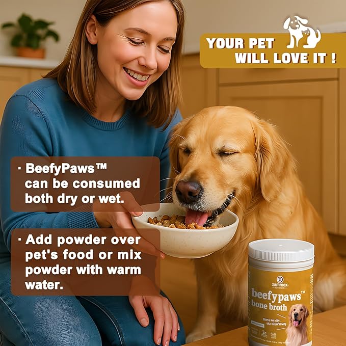Zammex Grass-Fed Beef Bone Broth Protein Powder for Dogs &amp; Cats - Joint &amp; Bone Support, Healthy Fur Enhancer, Pet Food Topper for Dry &amp; Wet, 10.58oz