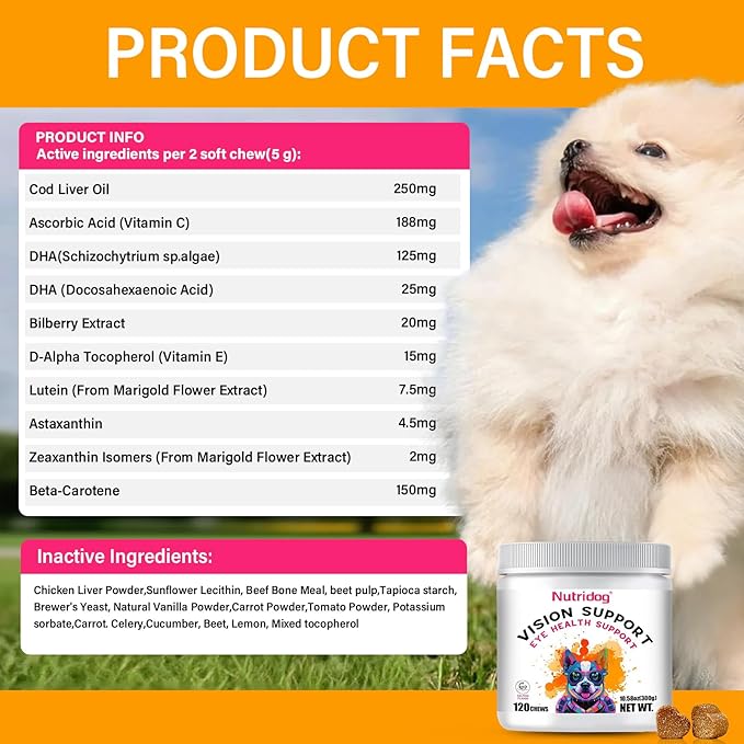 Eye Supplements for Dogs - Vision Support Soft Chews with Lutein, DHA &amp; Vitamin C | 120ct Salmon Flavor Tear Stain Chews | Cataract &amp; Dry Eye Relief Supplement (120 Ct, Salmon)
