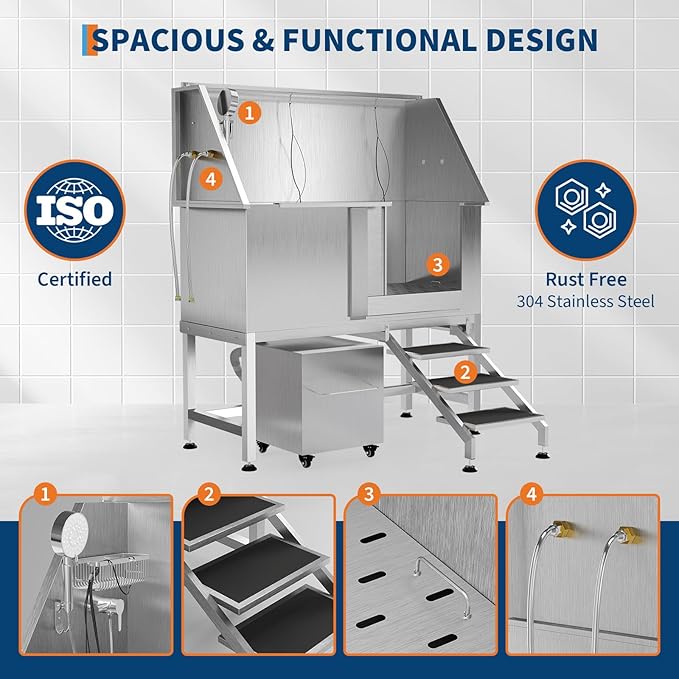 50" Stainless Steel Professional Dog Washing Station - Pet Bathing Tub w/Non-Slip Stairs &amp; Storage Shelf | Slip-Resistant Floor Grate | for Large/Medium/Small Dogs