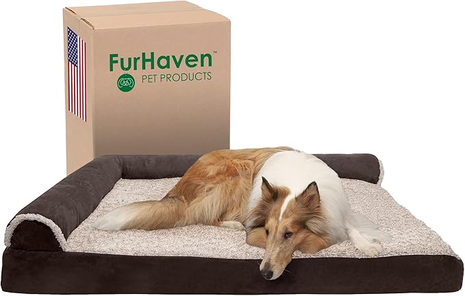 Furhaven Cooling Gel Dog Bed for Large Dogs w/ Removable Bolsters &amp; Washable Cover, For Dogs Up to 125 lbs - Two-Tone Plush Faux Fur &amp; Suede L Shaped Chaise - Espresso, Jumbo Plus/XXL