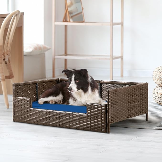 YITAHOME Rattan Dog Sofa Bed with Cushion,Wicker Pet Bed Sofa Couch Indoor Outdoor Water Resistant for Large Medium Small Dogs Cats (34.6&