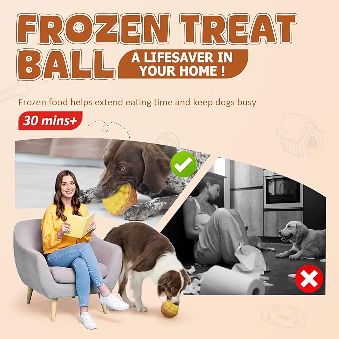Dog Frozen Treats Toy, Cognitive Dogs Brain Stimulation Toys for Aggressive Chewers, Interactive Dispensing Toy Enrichment Keep Them Busy No-Boredom, Tough Nylon&amp;Coffe Wood Fillable Puzzle Dog Feeder