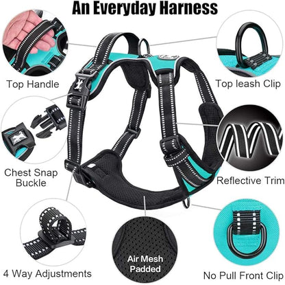 PoyPet No Pull Dog Harness, Reflective Comfortable Vest Harness with Front &amp; Back 2 Leash Attachments and Easy Control Handle Adjustable Soft Padded Pet Vest for Small to Large Dogs (Mint Blue,XL)