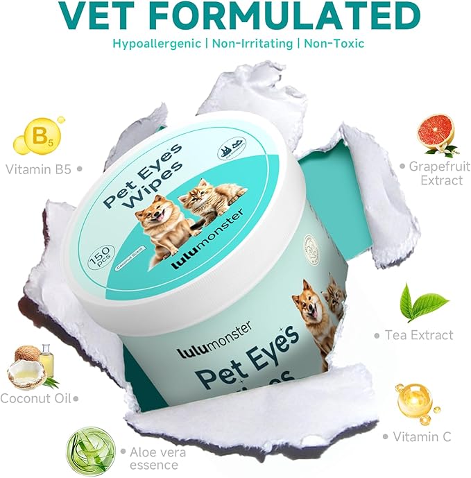 Pet Eyes Wipes for Dogs &amp; Cats, Gentle Remove Tear Stain, Eye Debris, Discharge, Mucus Secretions Grooming Deodorizing Wipes, Non-irritating Ingredients with Aloe &amp; Coconut Oil -150pcs