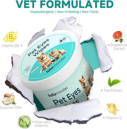 Pet Eyes Wipes for Dogs &amp; Cats, Gentle Remove Tear Stain, Eye Debris, Discharge, Mucus Secretions Grooming Deodorizing Wipes, Non-irritating Ingredients with Aloe &amp; Coconut Oil -150pcs