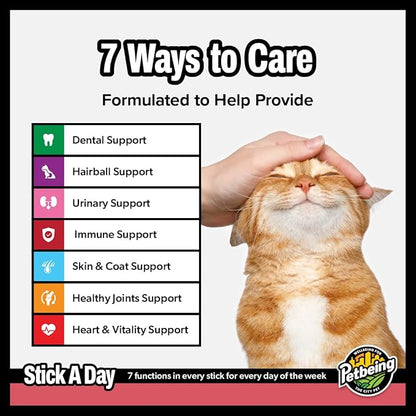 Stick a Day | Specially Formulated 7-in-1 Functions Daily Real Meat Supplement for Cats | Cat Chew Stick &amp; Pet Vitamins Supplements Combination (7-Pack x 4, Salmon)