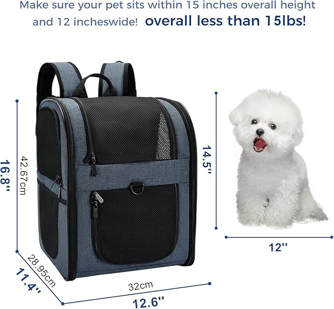 Apollo Walker Dog &amp; Cat Carrier Backpack for 4-15lb Pets - Ventilated Safe Design with Padded Back Support, Breathable Mesh Pet Backpack for Hiking, Travel, Outdoor (Navy)