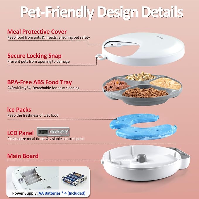 Automatic Cat Feeder Wet Food, Battery Operated Auto Wet/Dry Food Feeder with 2 Ice Packs, Cordless Programmable Timer Pet Auto Dispenser for Cat and Small &amp; Medium Dog (4-Meals &amp; Battery Included)