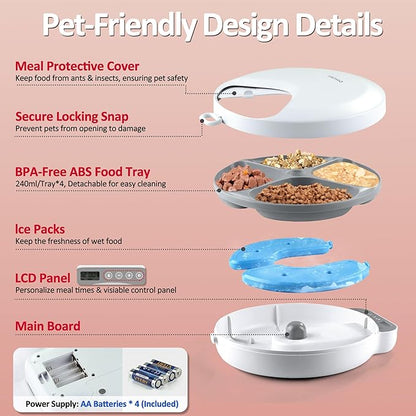 Automatic Cat Feeder Wet Food, Battery Operated Auto Wet/Dry Food Feeder with 2 Ice Packs, Cordless Programmable Timer Pet Auto Dispenser for Cat and Small &amp; Medium Dog (4-Meals &amp; Battery Included)