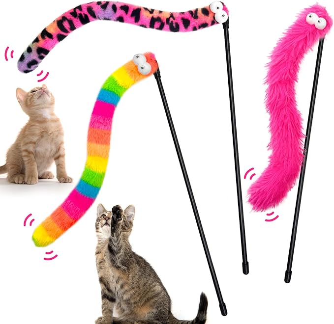 3 Pack Cat Wand Toy, Rainbow Cat Feather Toys with Bells, Teaser Wand with Soft Furry Tail, Interactive Toys for Indoor Cats &amp; Kitten &amp; Kitty
