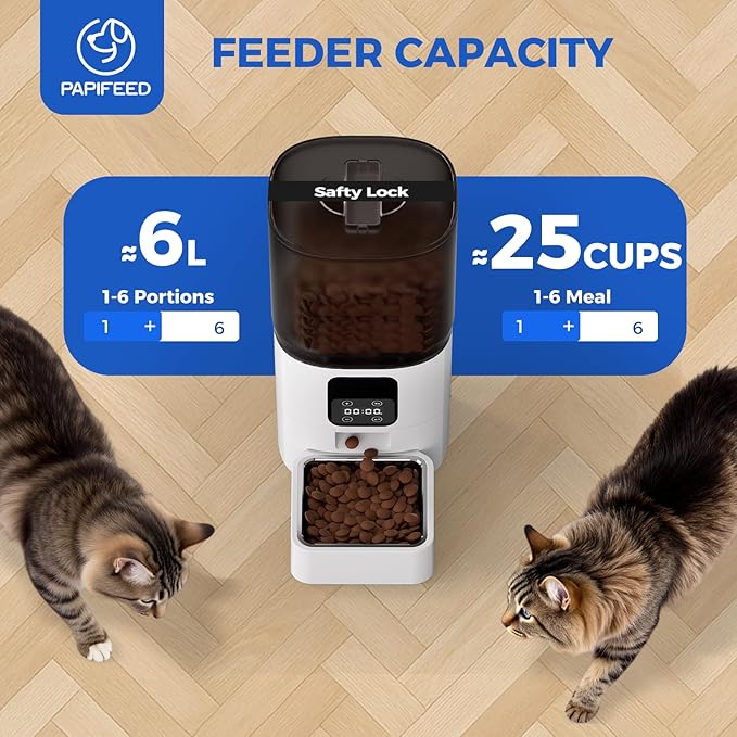 PAPIFEED 6L Automatic Cat &amp; Small Dog Feeder - Programmable Pet Feeder with 36 Daily Meals, Detachable Stainless Steel Bowl, 25 Cup Capacity Smart Food Dispenser for Easy Cleaning