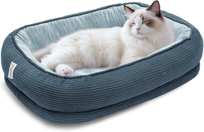 Orthopedic Cat Beds for Indoor Cats, Egg-Crate Memory Foam Pet Sofa with Bolster Sides, Oval Crate Bed, Washable Removable Cover &amp; Non-Slip Bottom, Haze Blue
