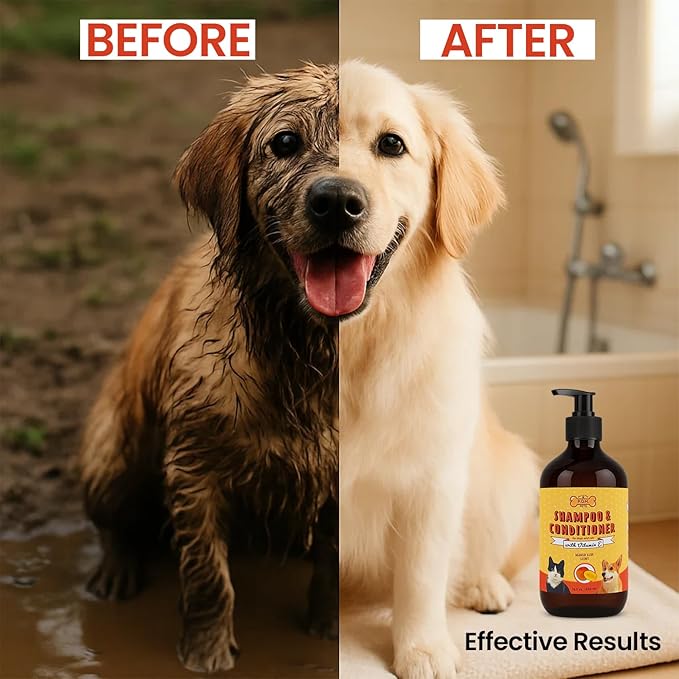 POM Pets 2-in-1 Organic Dog Shampoo &amp; Conditioner – Itchy Skin Relief, Dog Deshedding, Detangles Fur, Cat Shampoo, Paw Cleaner for Dogs, Natural Coat Defense Formula