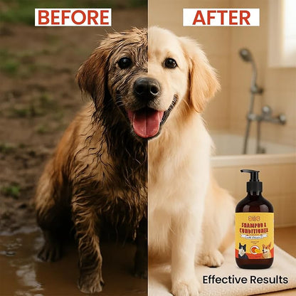 POM Pets 2-in-1 Organic Dog Shampoo &amp; Conditioner – Itchy Skin Relief, Dog Deshedding, Detangles Fur, Cat Shampoo, Paw Cleaner for Dogs, Natural Coat Defense Formula