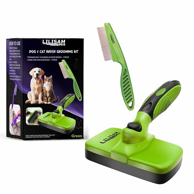 Pet Self Cleaning Slicker Brush and Grooming Comb - Gently Removes Loose Hair, Tangles, and Dirt - Skin Friendly Deshedding Grooming Tool for Hair Dogs &amp; Cats - Pet Supplies Accessories (Green)