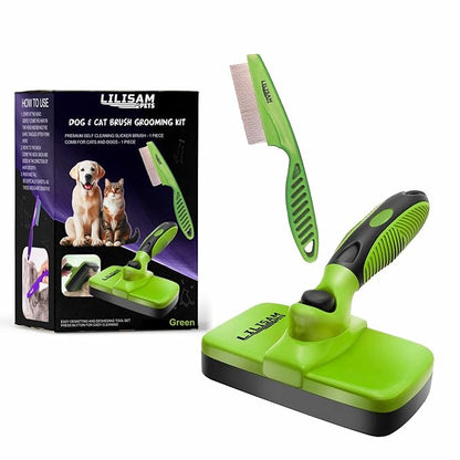 Pet Self Cleaning Slicker Brush and Grooming Comb - Gently Removes Loose Hair, Tangles, and Dirt - Skin Friendly Deshedding Grooming Tool for Hair Dogs &amp; Cats - Pet Supplies Accessories (Green)