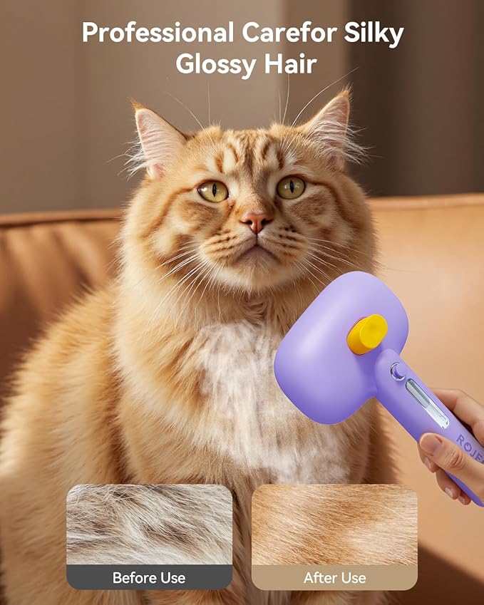 ROJECO 3-in-1 Pet Steam Brush for Cats&amp;Dogs - Detangling Comb with Adjustable Mist, Handheld Deshedding Grooming Tool for Long/Short Hair, Massage Brush &amp; Shedding Control Gift,Cordless,Purple