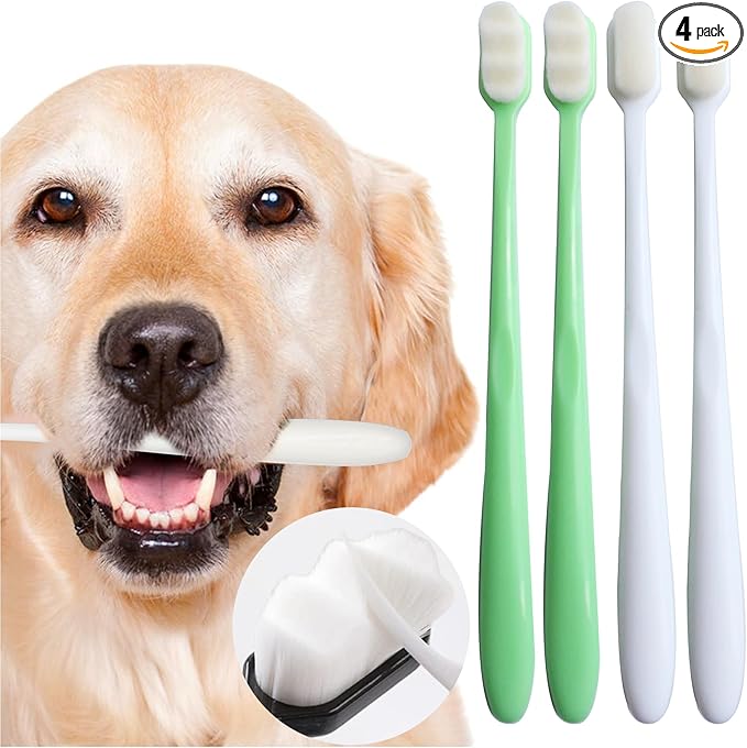 Dog Toothbrush Kit 4 Pack, 10,000 Ultra-Soft Bristles, Dog Tooth Brush for Medium to Large Dogs &amp; Cats, Pet Tooth Brushing Kit for Easy Dental Cleaning, 2 Green Wave Head &amp; 2 White Flat Head