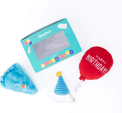 ZippyPaws Birthday Box - Dog Squeaky Toys to Keep Them Busy, Funny Food Plush for Small, Medium, &amp; Large Dogs, Cute Stuffed Puppy Toy &amp; Hat, Pet Products, Gift for Dogs of All Breeds - 3-Pack