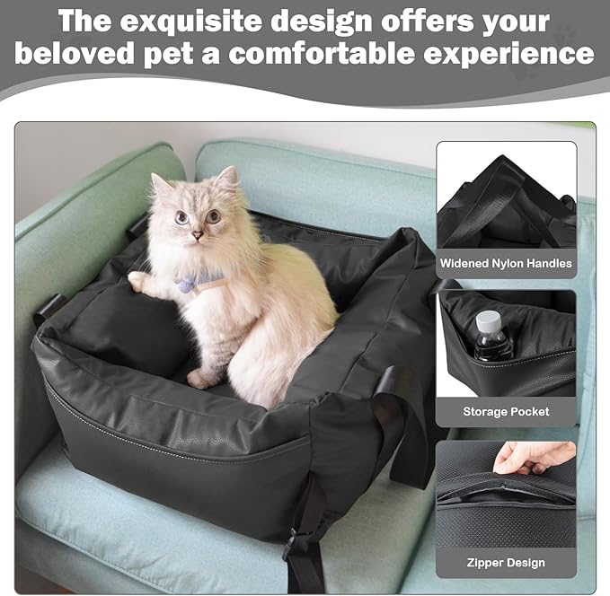 Dog Car Seat for Small Dogs, Large Leather Dog Car Bed with Storage Pocket, Waterproof PVC Leather Booster Seat Travel Bed for Front &amp; Back Seat, Clip-On Safety Leash (Black)