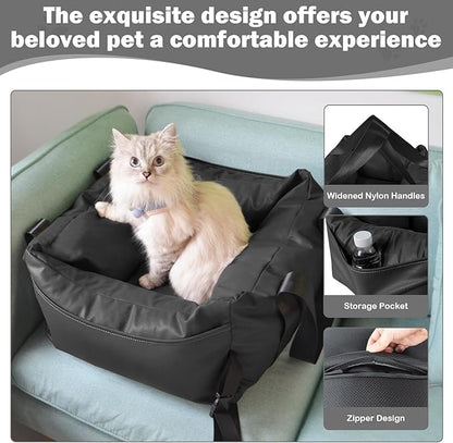 Dog Car Seat for Small Dogs, Large Leather Dog Car Bed with Storage Pocket, Waterproof PVC Leather Booster Seat Travel Bed for Front &amp; Back Seat, Clip-On Safety Leash (Black)