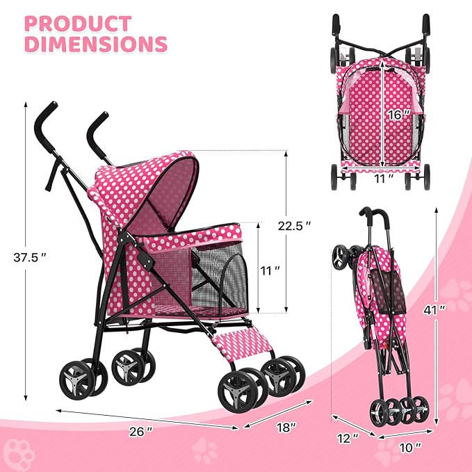 Magshion Compact Pet Stroller for Small-Medium Dogs/Cats up to 22lbs, 4-Wheel Lightweight Umbrella Shaped Portable Puppy Travel Jogger with Breathable Mesh &amp; Rear Storage, Pink Polka Dots