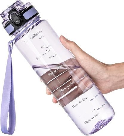 OLDLEY 32 oz Water Bottle, Motivational Water Bottle with Time Marker, Sports Water Bottle With Strap, Leakproof &amp; BPA Free Large Water Bottles for School,Gym,Outdoor, Tritan, Transparent-Purple