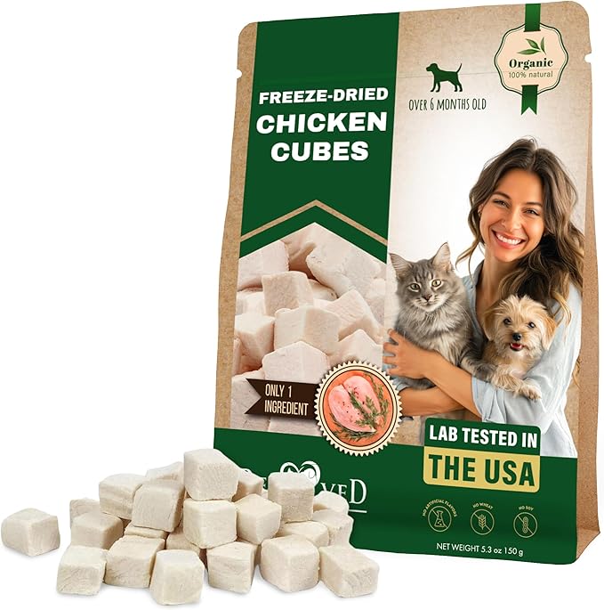 Beloved Pets Dog &amp; Cat Treats Freeze Dried Chicken Cubes 5.3 oz - All Natural Meat Raw Pet Food - Human Grade High-Protein Snacks &amp; Grain-Free Jerky Chews for Cats and Small Dogs