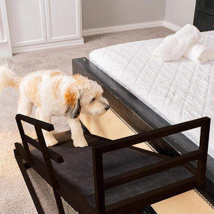 Dog Ramp for Bed, 5 Level Adjustable Dog Ramp for High Beds, Upgrade Rubber Mat High Traction Ramp with Safety Rails, Folding Pet Ramp for Bed, Couch,SUV, Natural Wood Pet Ramp for Small &amp; Old Dogs