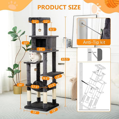 KITTY KINGDOM 65in Large Cat Tree Condo Furniture for Indoor Kitties, Multi-Level Cat Tower with 4 Scratching Posts, Cat Cave, Hammock, Perch &amp; Reinforced Base, Plush Gray