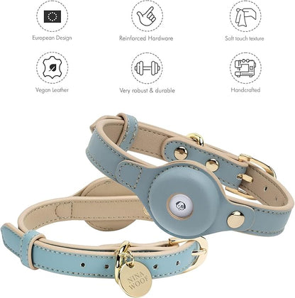 Cupertino Dog Collars, Harnesses &amp; Leashes Made from Vegan Leather with Dog Tracker Device Holder Adjustable Dog Collar - Color Blue, Medium