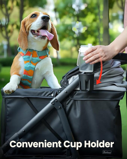 Medium Dog Stroller, Foldable Pet Stroller with Adjustable Handle &amp; No Zip Entry, Storage Basket &amp; Cup Holder, Canopy, Mesh Windows, Ideal for Medium Dogs and Cats Up to 50lbs, Black