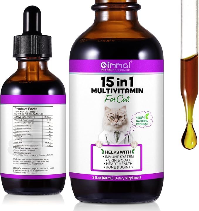 Liquid Multivitamin for Cat, 15 in 1 Cats Multivitamin Liquid Drops Supplements for Skin &amp; Coat, Heart Health, Bones and Joint, Cat Vitamins with Glucosamine and MSM, Immune System Support -60ml