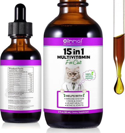 Liquid Multivitamin for Cat, 15 in 1 Cats Multivitamin Liquid Drops Supplements for Skin &amp; Coat, Heart Health, Bones and Joint, Cat Vitamins with Glucosamine and MSM, Immune System Support -60ml