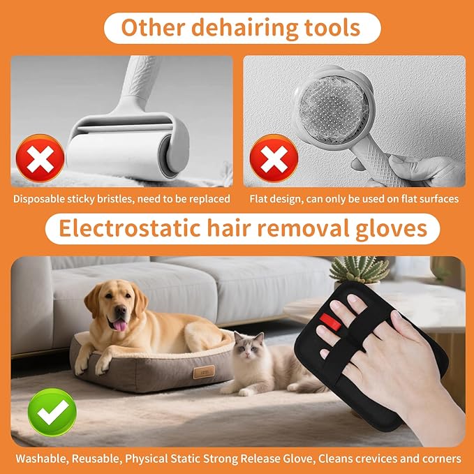 2 Pcs Pet Hair Removal Gloves, Reusable Electrostatic Grooming Mitt, Washable &amp; Eco-Friendly Fur Remover for Dogs &amp; Cats, Versatile for Furniture, Bedding, Clothes, and Car Seats