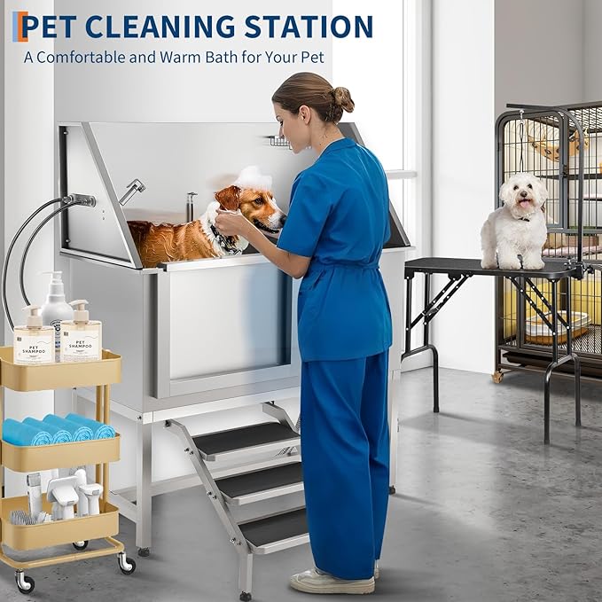 Stainless Steel Dog Washing Station - Dog Bath Tub for Large, Medium, Small Dogs, Pet Grooming Tub with Ramp, Non-Slip Grate, Shower, Soap Box, Faucet, Drain for Home &amp; Outdoor （Left RAMP, 62"）