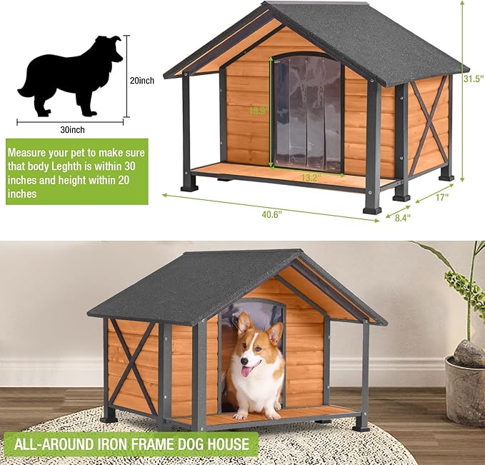 GUTINNEEN Dog House Outdoor &amp; Indoor Insulated Dog Kennel with Liner for Winter Waterproof Dog Crate for Small &amp; Medium &amp; Large Dogs,Unique All-Around Iron Frame