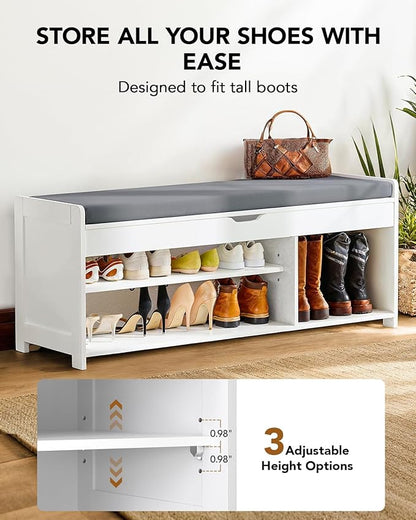 Amada Shoe Storage Bench, Entryway Bench with Cushioned Seat &amp; Lift Top Storage, 3 Doors, Adjustable Shelf, 300 lbs Capacity, Bench with Shoe Rack for Entryway, Bedroom, Living Room, White