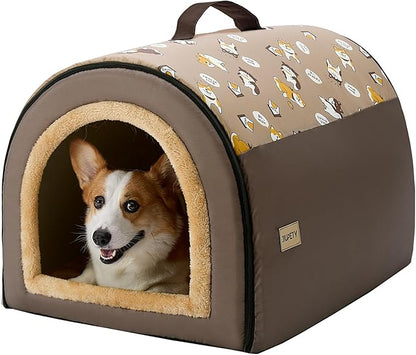 Jiupety Indoor Dog House, 2-in-1 Portable Foldable House Bed with Cover, Pet Tent &amp; Cave Bed for Medium Dogs, XL(29"×21"×20"), Up to 44 Lb, Brown