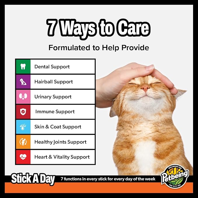 Stick a Day | Specially Formulated 7-in-1 Functions Daily Real Meat Supplement for Cats | Cat Chew Stick &amp; Pet Vitamins Supplements Combination (7-Pack x 4, Chicken)