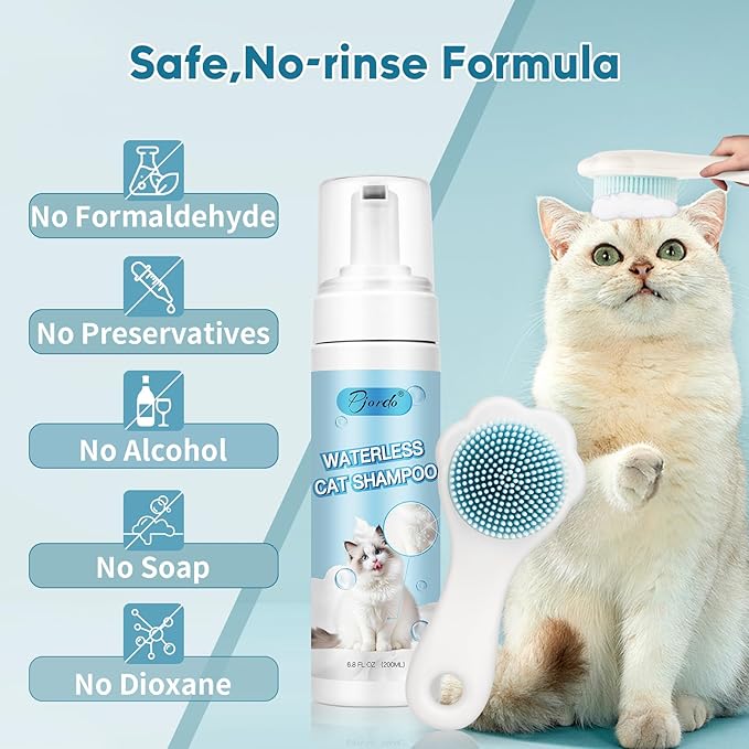 Waterless Cat Shampoo with Brush and Cloth, 6.8 FL OZ Cat Shampoo and Conditioner, Cat Dry Shampoo, No Rinse Formula for Quick Clean, Care for Cats and Kittens with Itching &amp; Sensitive Skin