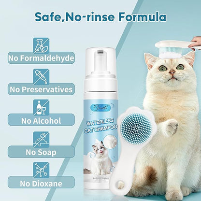 Waterless Cat Shampoo with Brush and Cloth, 6.8 FL OZ Cat Shampoo and Conditioner, Cat Dry Shampoo, No Rinse Formula for Quick Clean, Care for Cats and Kittens with Itching &amp; Sensitive Skin