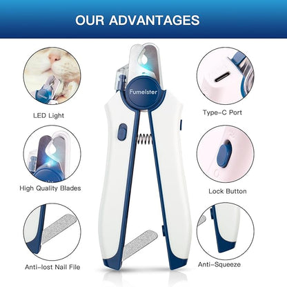 Type-C Rechargeable Dog &amp; Cat Nail Clippers - LED Pet Nail Trimmer with Built-in Nail File, Extra Sharp Blades for Small &amp; Medium Dogs, Indoor Cats (Blue)