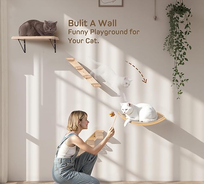 Wall Mounted Cat Shelves Stairs Set, 4 Piece Wood Cats Wall Furniture with Sisal Cat Window Perch, Flat Perch &amp; Dual 4-Step Ladders for Climbing &amp; Scratching