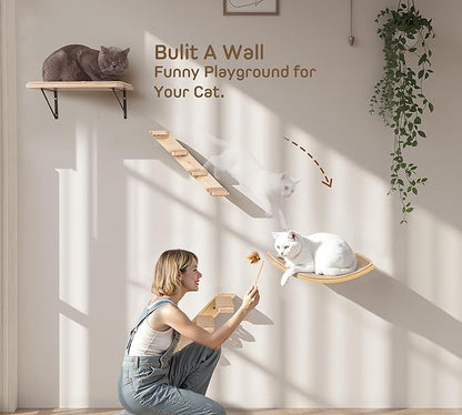 Wall Mounted Cat Shelves Stairs Set, 4 Piece Wood Cats Wall Furniture with Sisal Cat Window Perch, Flat Perch &amp; Dual 4-Step Ladders for Climbing &amp; Scratching
