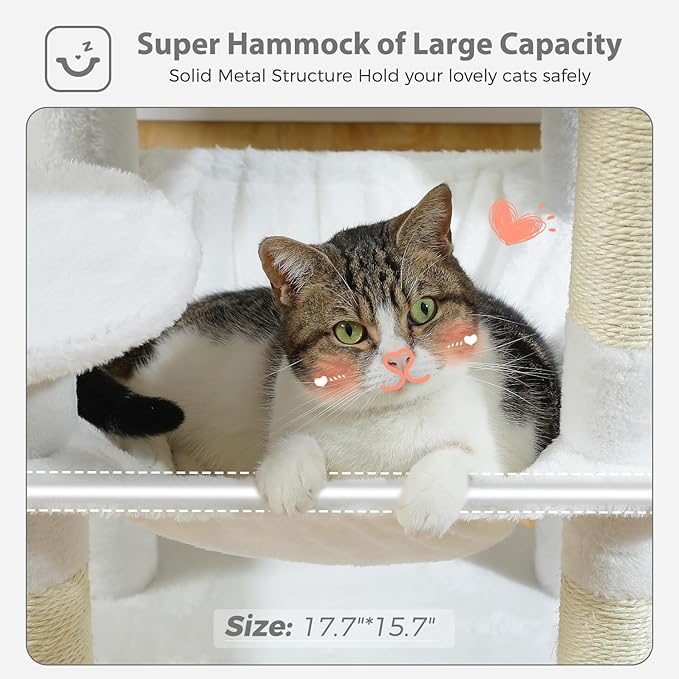 PETEPELA 45.7" Cat Tree for Large Cats, 5-Level Cat Tower for Indoor Cats with Large Hammock (17.3"x15.3"), Cat Condo with (18.5"x13") Big Top Perch &amp; 4 Sisal Covered Scratching Post, White