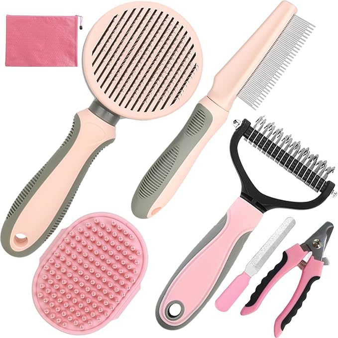 Pet Grooming Kit - 7 PCS Deshedding Brush Set with Slicker, Undercoat Rake, Bath Brush &amp; Nail Clipper for Short &amp; Long Haired Dogs, Cats (Pink)