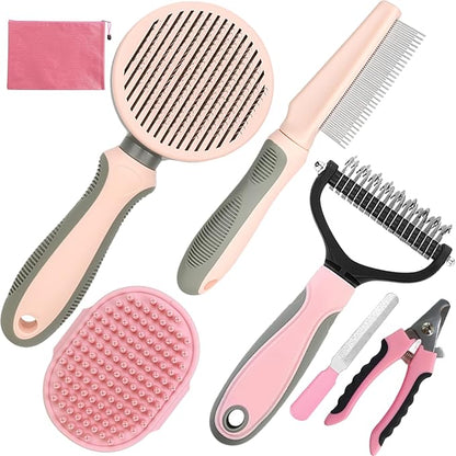 Pet Grooming Kit - 7 PCS Deshedding Brush Set with Slicker, Undercoat Rake, Bath Brush &amp; Nail Clipper for Short &amp; Long Haired Dogs, Cats (Pink)