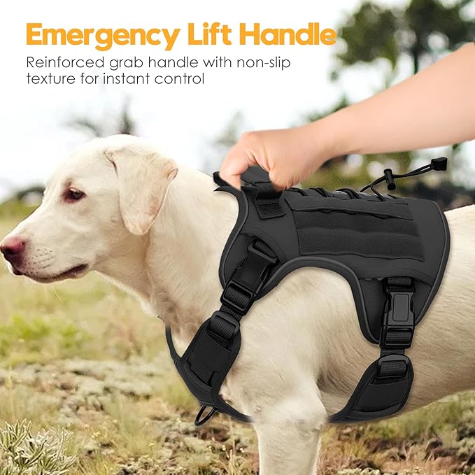 Heavy-Duty Tactical Dog Harness for Large Dogs, No Pull Adjustable Reflective Pet Vest with Molle System, K9 Military-Grade Control for Service Training, Outdoor &amp; 10+ Breeds, Black, Large