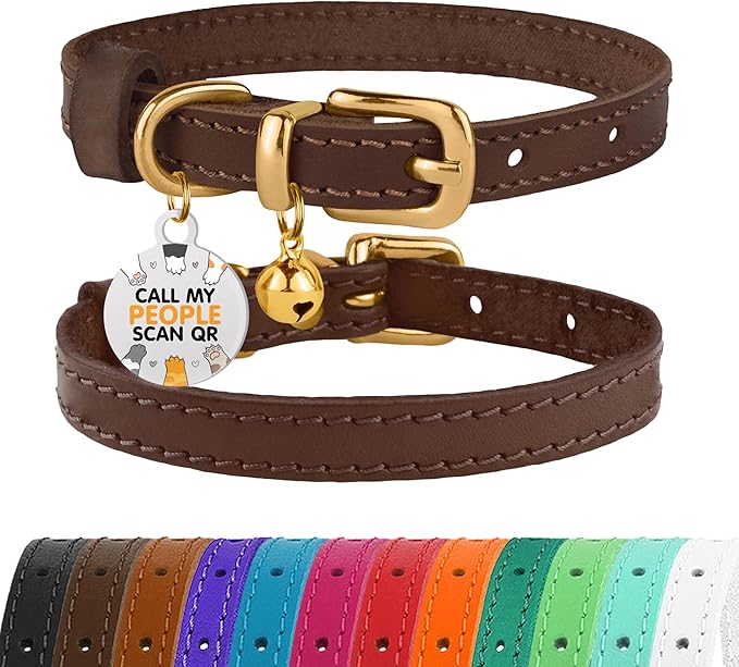BRONZEDOG Leather Cat Collar with Removable Bells Non Breakaway Kitten QR Tag for Girl Boy (7" - 9" for Cats, Dark Brown &amp; Gold)